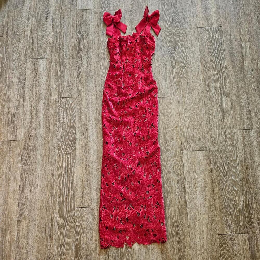 HOUSE OF CB 'Tiff' Holly Red Velvet Lace Maxi Dress